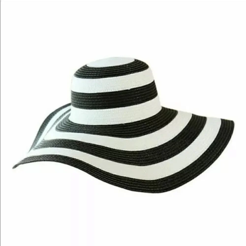 SUPER CHIC Striped Wide Brim UV Protection Summer Beach Sun Hat Adjustable
